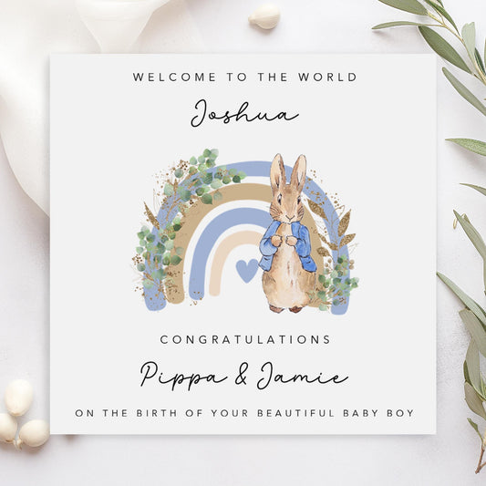 Classic Bunny with Blue Rainbow New Baby Card