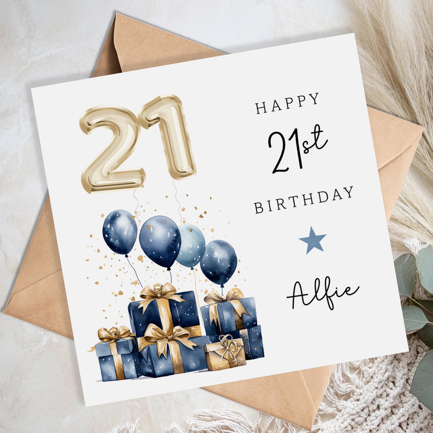 Personalised 21st Birthday Card for Him - Blue and Gold Balloons | B59