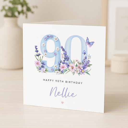 Personalised 90th Birthday Card for Her | Purple Lilac Floral | B16