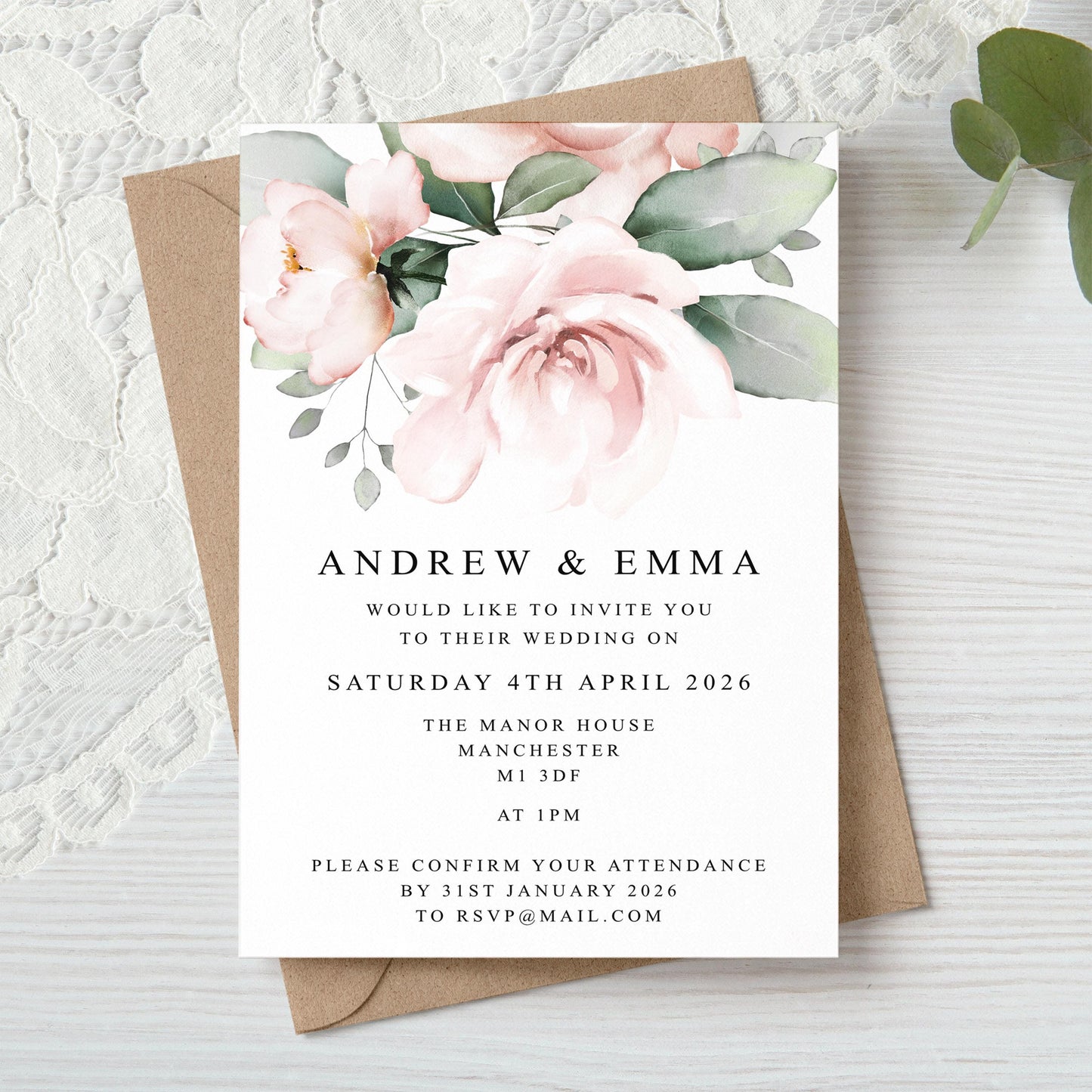 Blush Pink Floral Wedding Invitation