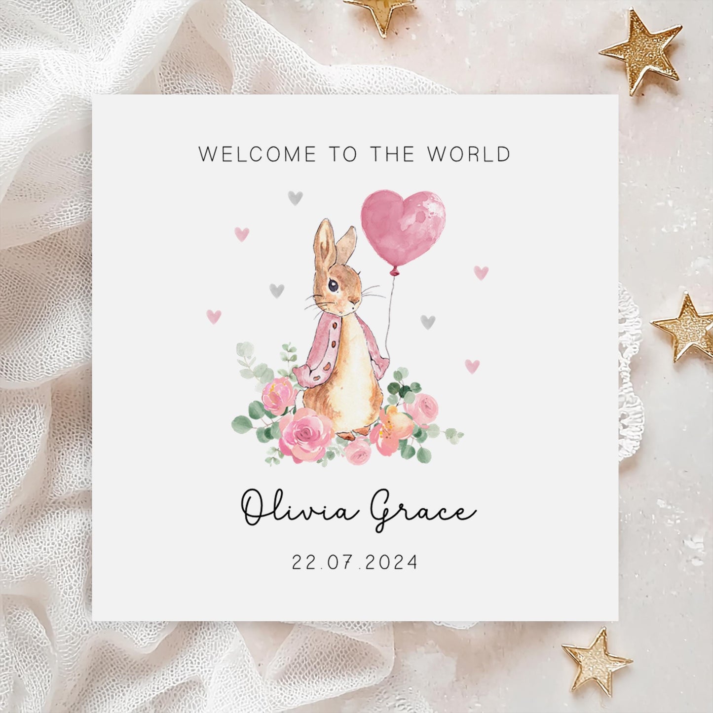 Classic Bunny with Pink Balloon New Baby Card
