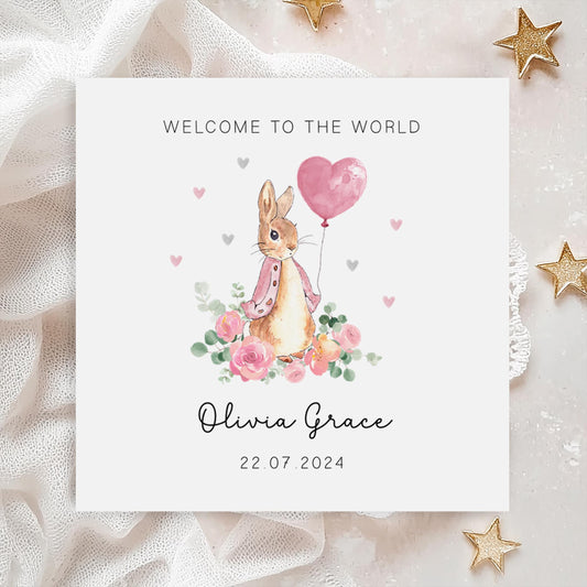 Classic Bunny with Pink Balloon New Baby Card
