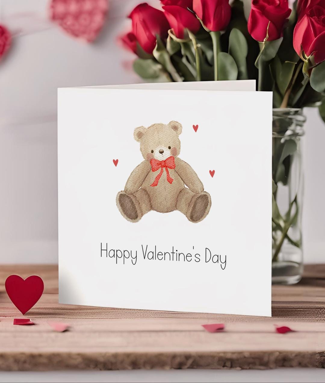 Happy Valentines Day Card - Simple Teddy Bear with Hearts | For Her | For Him