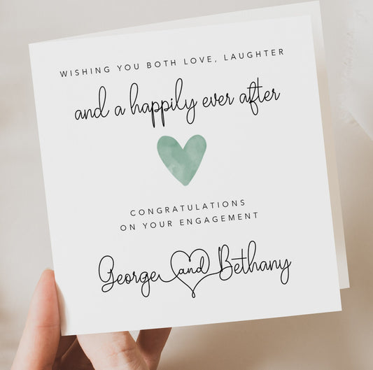 Engagement card with green heart - 'Wishing you both love, laughter and a happily ever after'