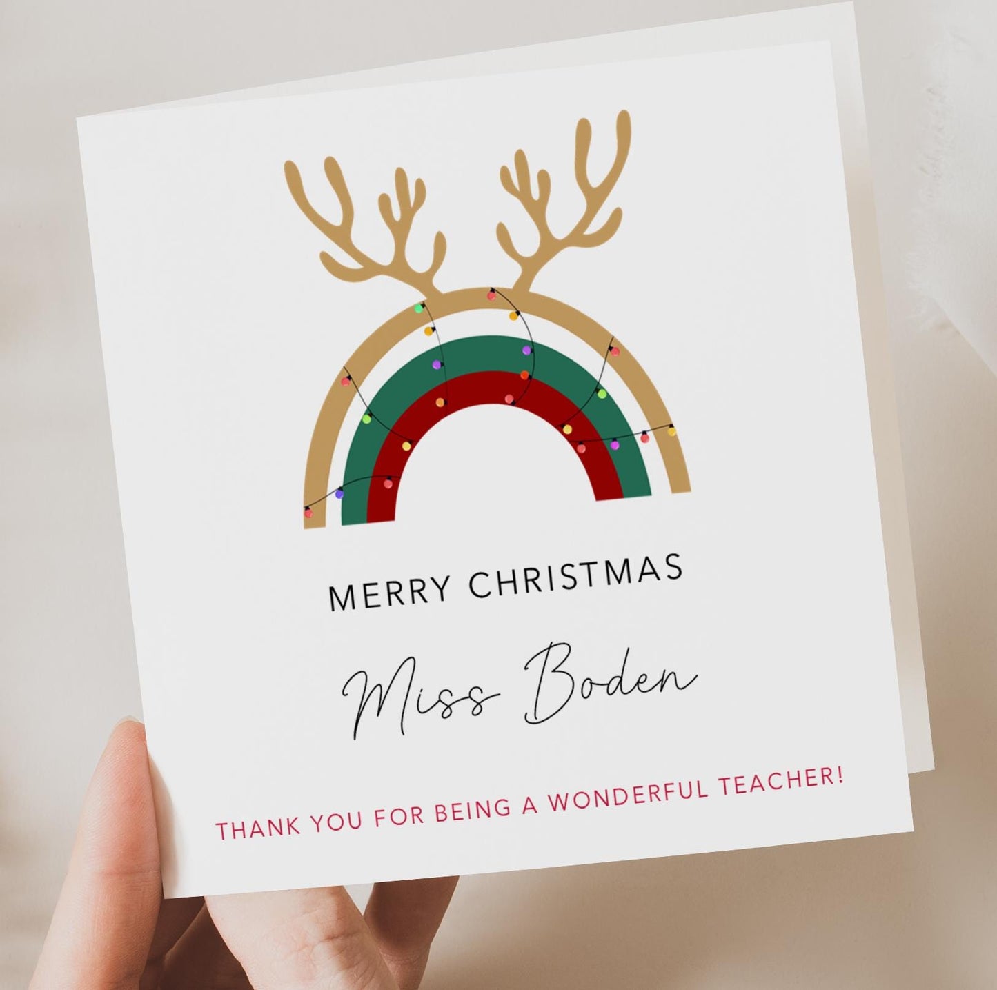 Personalised Teacher Christmas Card - Rainbow and Antlers