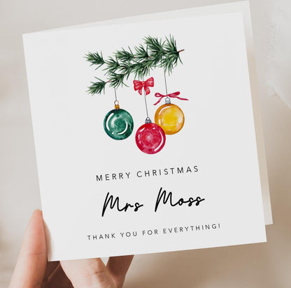 Personalised Teacher Christmas Card - Baubles and Branch