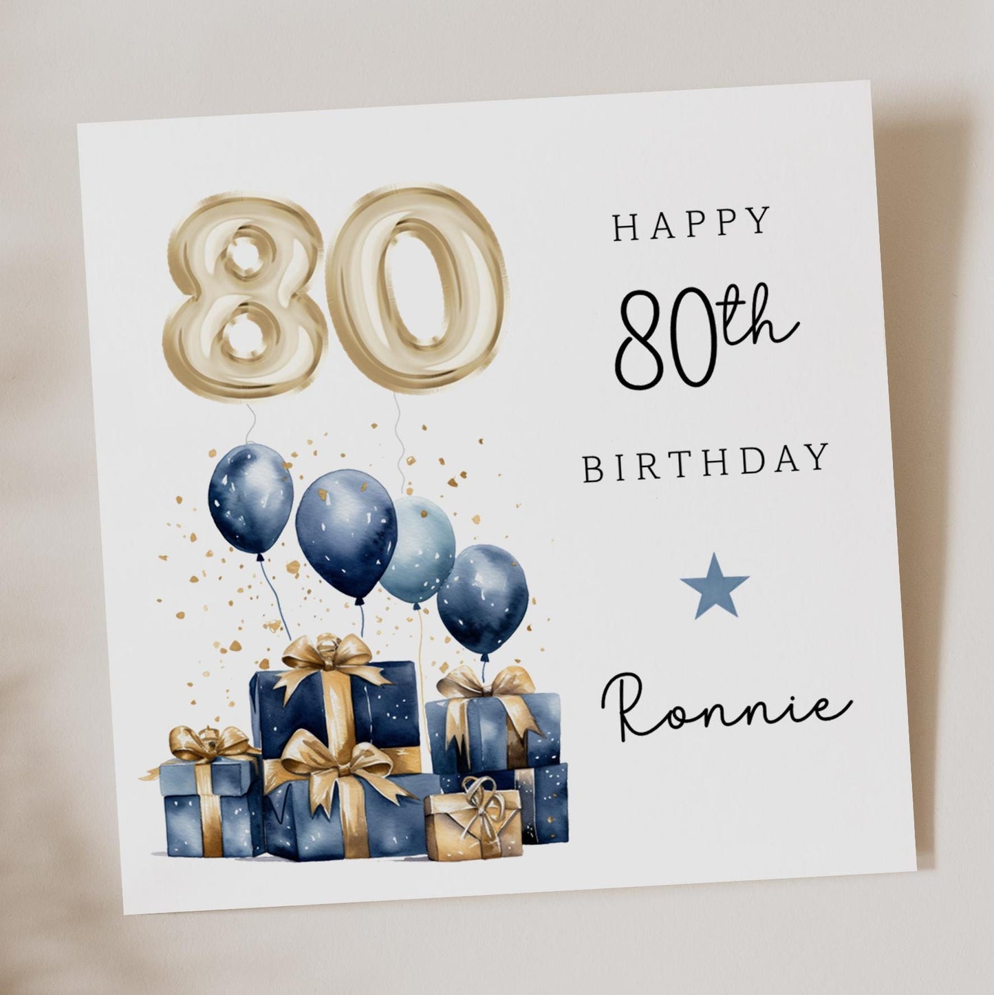 Blue and Gold 80th birthday card