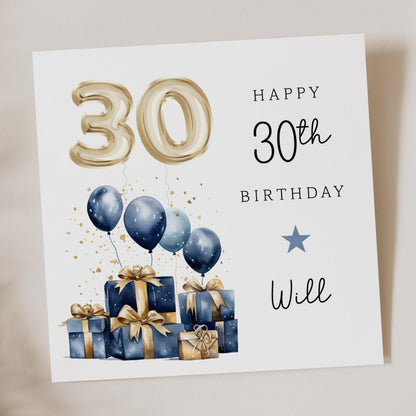 Blue and Gold 30th Birthday Card