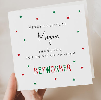 Personalised Keyworker Christmas Card - Red and GreenStars