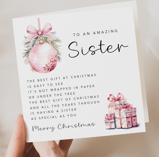 Sister Christmas Card with Pink Baubles & Poem