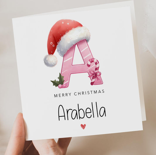 Pink Santa Initial Letter with Decorations personalised Christmas card