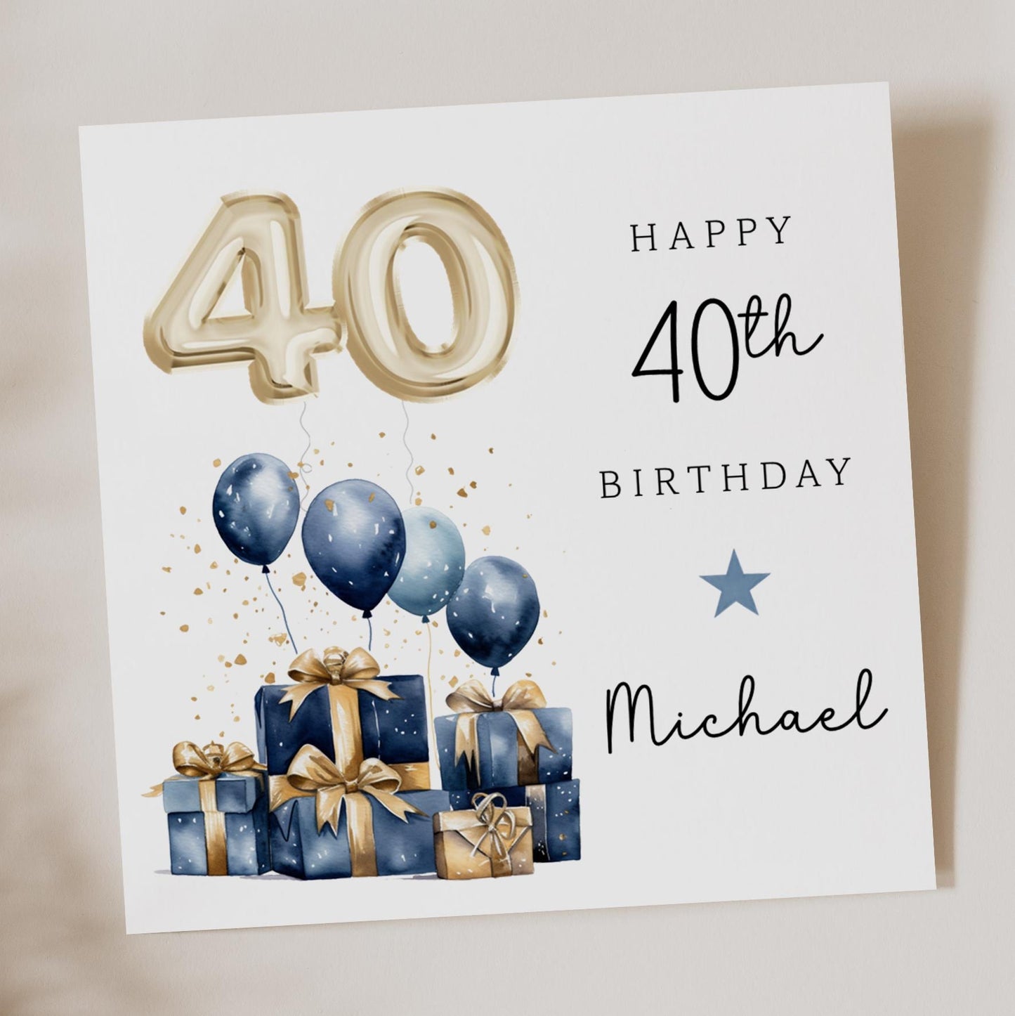 Blue and Gold 40th Birthday Card