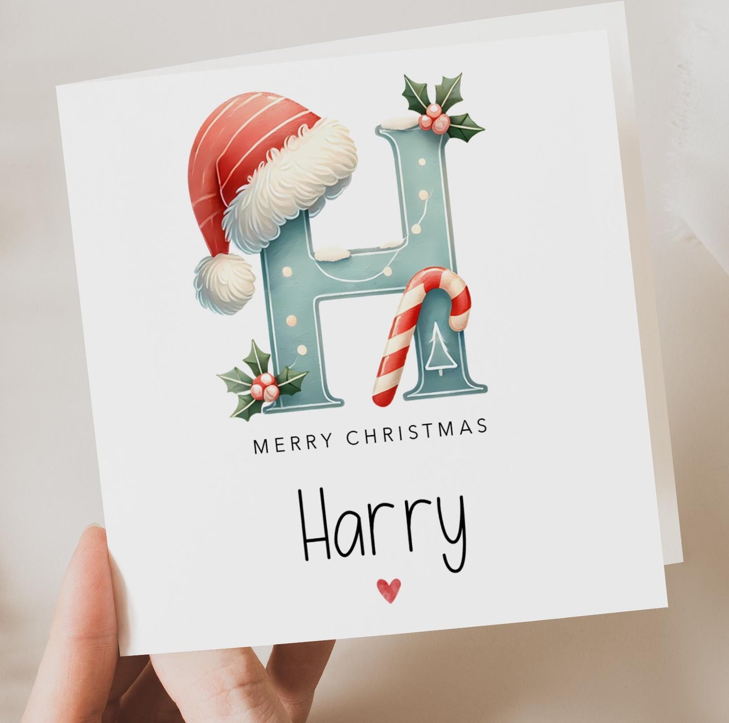 Blue Santa Initial Letter with Decorations Personalised Christmas Card