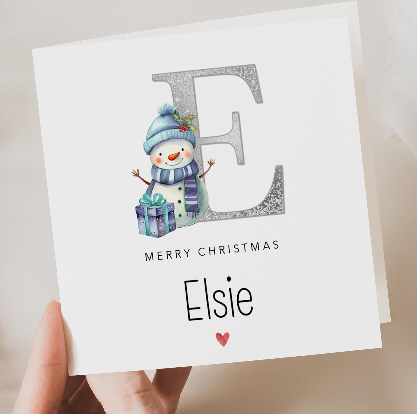 Silver Snowman with Initial Letter personalised Christmas card