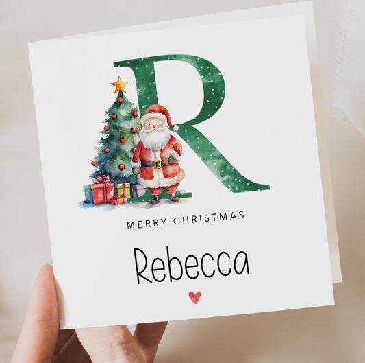 Green Initial Letter with Santa and Christmas Tree - Personalised Christmas Card