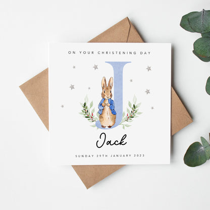 Rabbit Christening Card with Blue Initial