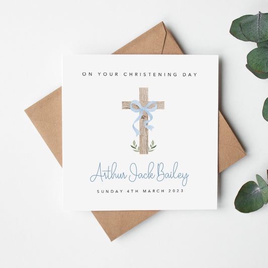 Wooden Cross with Blue Ribbon Christening Card