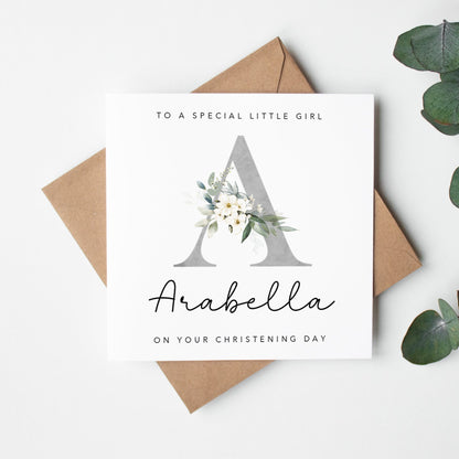 Grey Floral Initial Christening Card